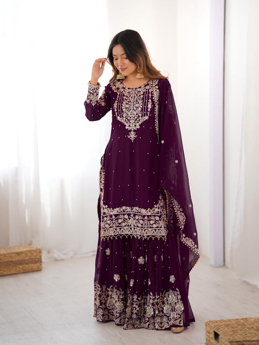 Premium Faux Georgette Sharara Set with Embroidered Dupatta – Designer Festive Wear OOVIZ VASTRA