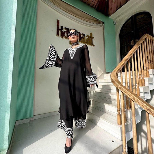 Designer Faux Georgette Top Palazzo Set with Dupatta – Fancy Chin Stitch Party Wear OOVIZ VASTRA