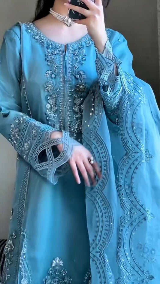 Women’s Georgette Kurti Pant Set with Dupatta – Sequence Embroidery & Cutwork Designer Festive Wear