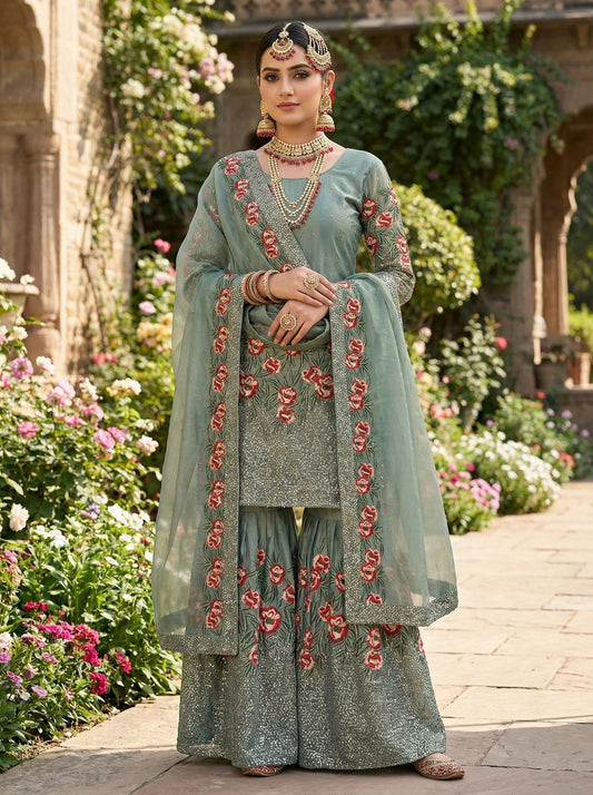 Women Fendy Silk Embroidered Sharara Suit Set with Dupatta | Designer Party Wear Ethnic Outfit