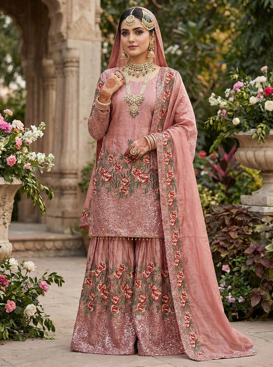 Women Fendy Silk Embroidered Sharara Suit Set with Dupatta | Designer Party Wear Ethnic Outfit