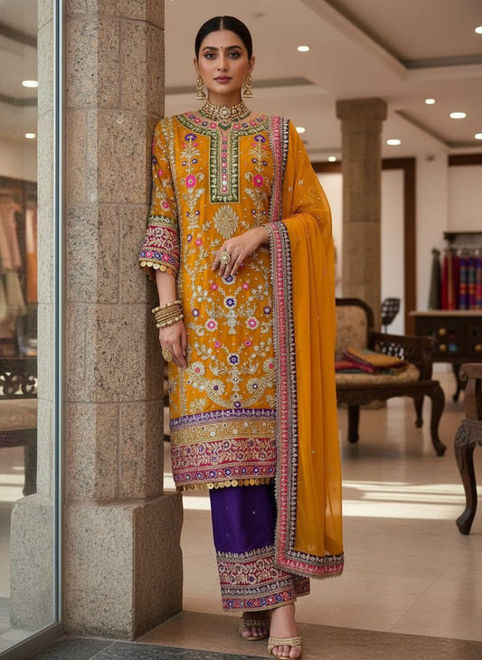 Women Georgette Mirror Work Kurti Plazzo Set with Dupatta | Embroidered Party Wear Kurti Set