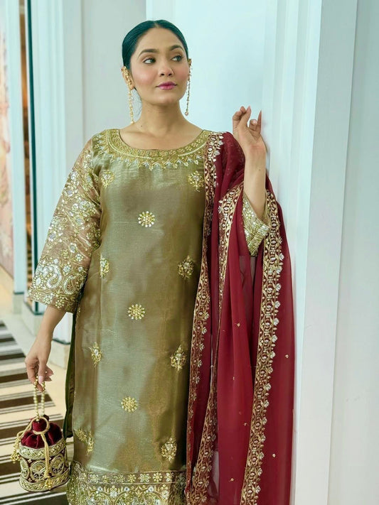 Women GMY Silk Embroidered Kurti Pant Set with Dupatta | Designer Party Wear Ethnic Suit