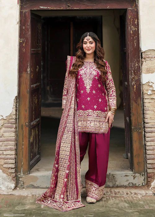 Natural Crepe Embroidered Kurti Farshi Salwar Set with Net Dupatta