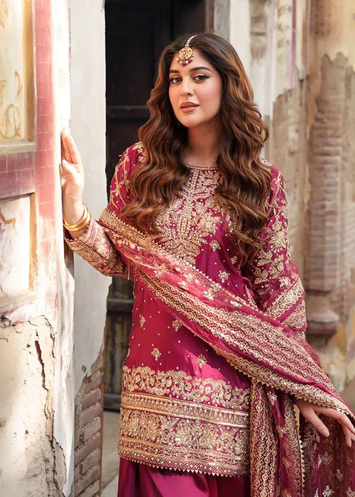 Natural Crepe Embroidered Kurti Farshi Salwar Set with Net Dupatta