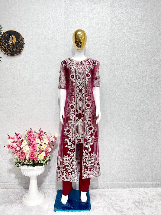 Net Embroidered Koti Suit Set with Pant | Designer Party Wear Ethnic Outfit