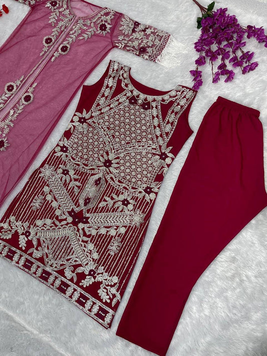Net Embroidered Koti Suit Set with Pant | Designer Party Wear Ethnic Outfit