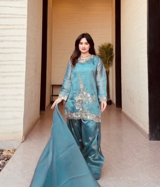 GMY Silk Embroidered Kurti Farshi Pant Set with Dupatta