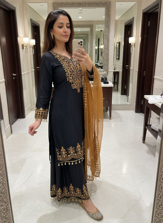 Chinon Silk Kurti Palazzo Set with Organza Dupatta – Zari Embroidered Party Wear Kurti Set for Women