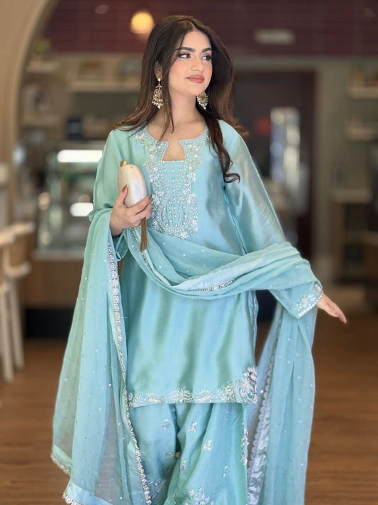 Roman Silk Top with Farshi Palazzo & Dupatta Set | Fully Stitched Partywear Ethnic Outfit