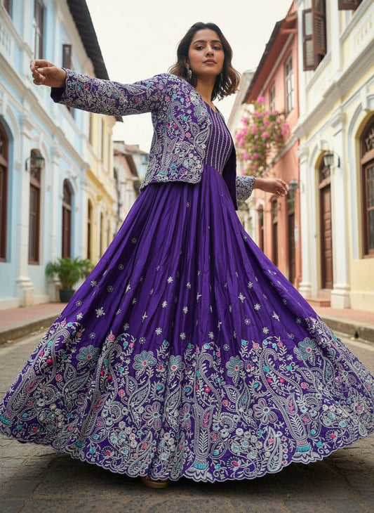 Designer Gown with Koti Set – Chinon Silk Embroidered Party & Festive Wear Ethnic Outfit for Women