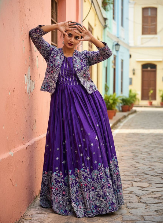 Designer Gown with Koti Set – Chinon Silk Embroidered Party & Festive Wear Ethnic Outfit for Women