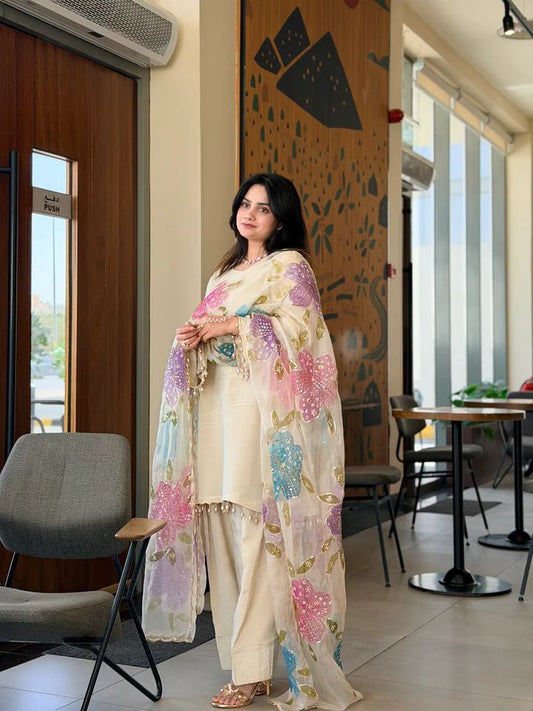 Designer Top with Farshi Salwar & Dupatta for Women – Crepe Fabric Embroidered Party Wear Set