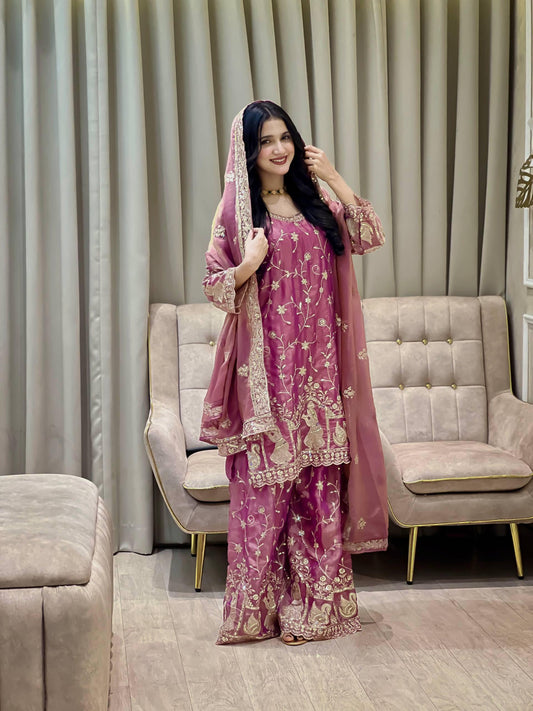 Designer Kurti Palazzo Set with Dupatta – Moss Silk Sequin Embroidered Party & Festive Wear Suit for Women