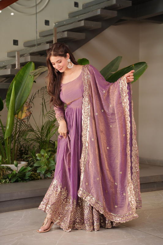 Designer Anarkali Gown with Dupatta – 56 Inch Length Flared Party Wear