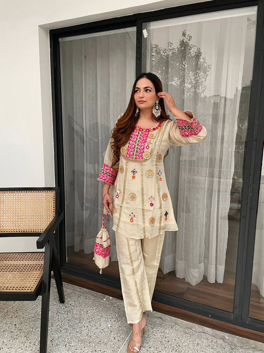 Designer Co-ord Set with Mirror Work – Lightweight Embroidered Top & Palazzo