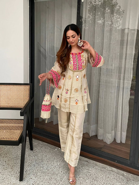 Designer Co-ord Set with Mirror Work – Lightweight Embroidered Top & Palazzo