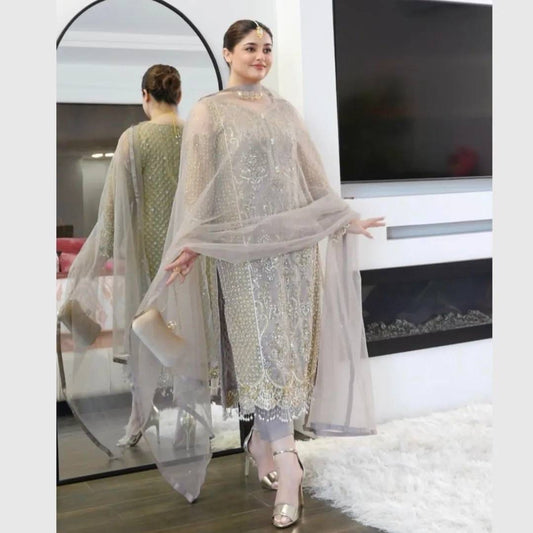 Designer Soft Net Kurti Pant Set with Dupatta – Embroidery & Sequins Work
