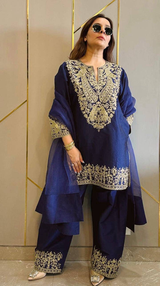 Designer Kurti Palazzo Set with Organza Dupatta – Chinon Sequins & Zari Work