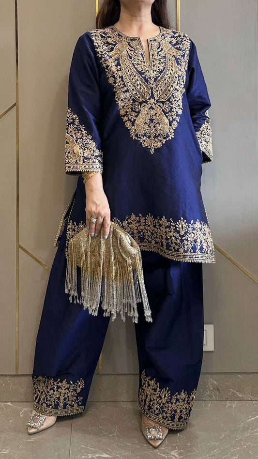Designer Kurti Palazzo Set with Organza Dupatta – Chinon Sequins & Zari Work