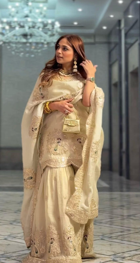 Designer Chinnon Palazzo Set with Dupatta – Coding Dori & Sequins Work