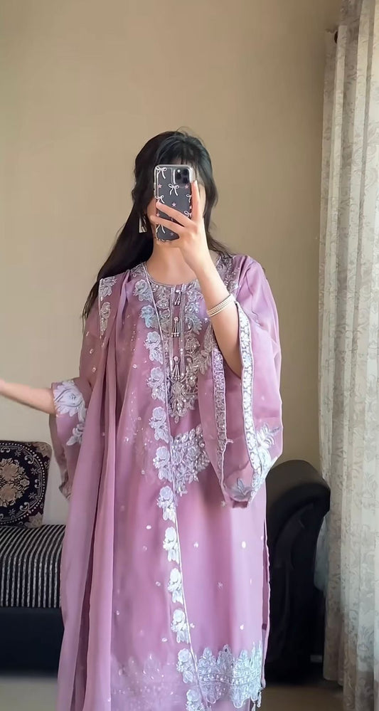 Designer Bell Sleeve Kurti Palazzo Set with Dupatta – Embroidery Work