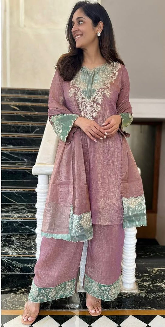 Designer Long Kurti Palazzo Set with Dupatta – Cutwork Embroidery