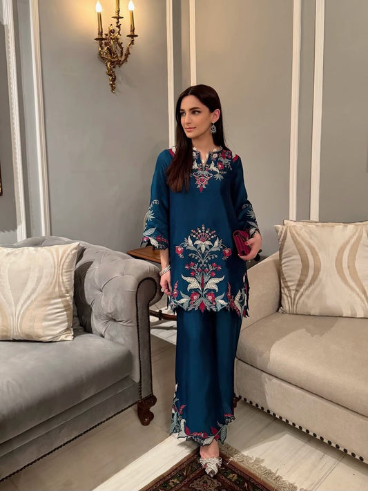 Women’s Embroidered Co-Ord Set with Cut Work | French Crepe Designer Top Palazzo Set