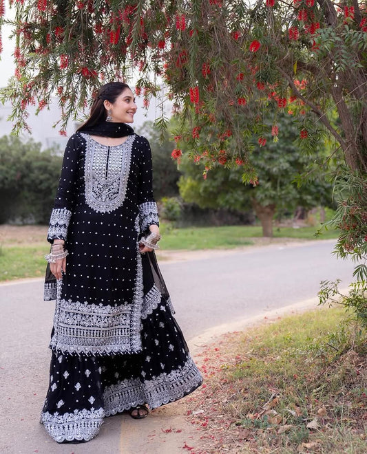 Women’s Designer Sharara Suit Set with Embroidery Sequence Work & Dupatta | Fox Georgette Party Wear Outfit