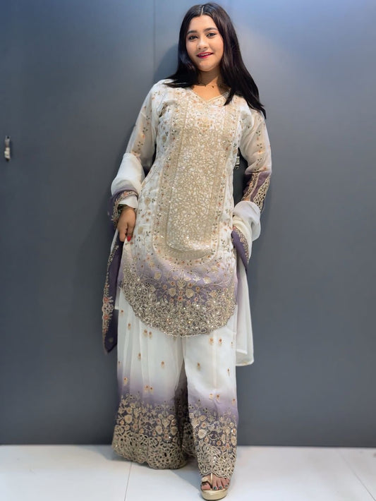 Women’s Dual Tone Georgette Kurti Palazzo Dupatta Set with Embroidery Sequence Work | Designer Party Wear Suit