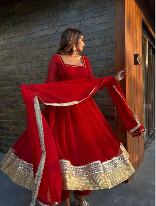 Rust Flared Anarkali Gown Set for Women – Designer Festive Party Wear with Dupatta OOVIZ VASTRA
