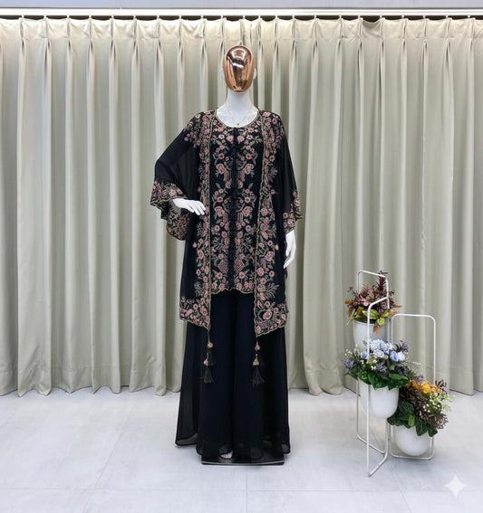 Designer Kurta Palazzo Set with Embroidered Shrug – Faux Georgette Party Wear for Women OOVIZ VASTRA
