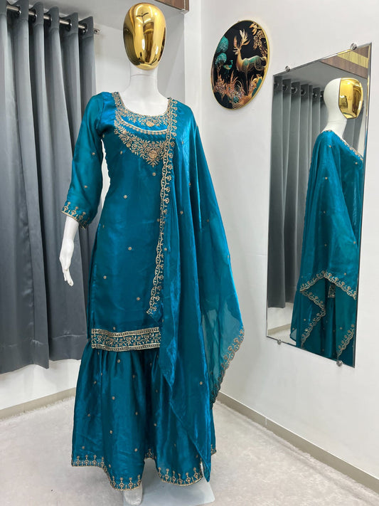 Designer Fendy Top Sharara Set with Dupatta – Heavy Embroidered Festive Party Wear OOVIZ VASTRA