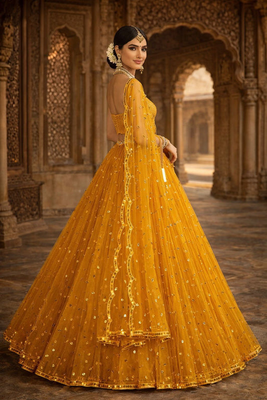 Mustard Yellow Designer Lehenga Set, Ruffle Net Mirror Work Wedding Lehenga OOVIZ VASTRA