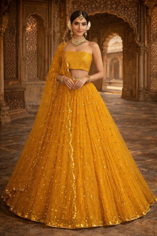 Mustard Yellow Designer Lehenga Set, Ruffle Net Mirror Work Wedding Lehenga OOVIZ VASTRA