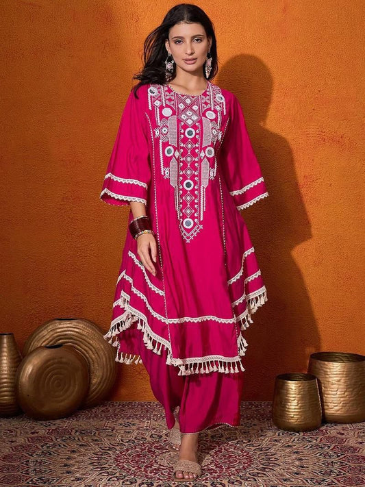 Women’s Rayon Cotton Kurti Palazzo Set with Mirror Work – 2 Piece Ethnic Wear (Fully Stitched)