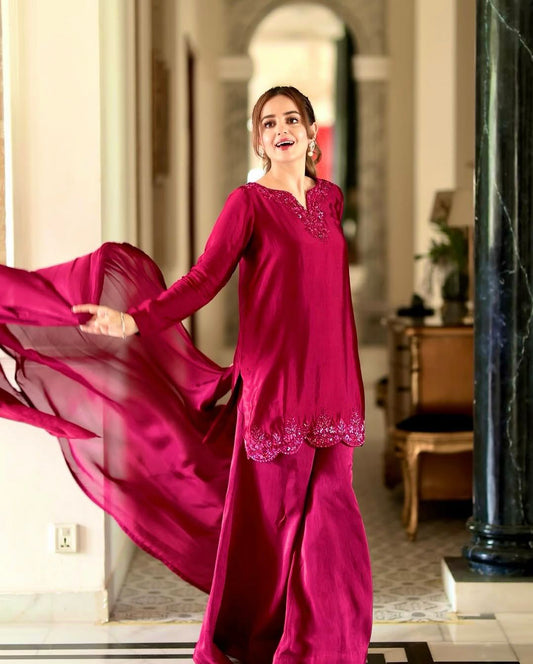 Natural Crepe Silk Embroidered Kurti Pant Set with Dupatta – Designer Farshi Style | JF-006