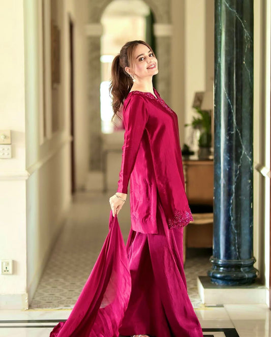 Natural Crepe Silk Embroidered Kurti Pant Set with Dupatta – Designer Farshi Style | JF-006