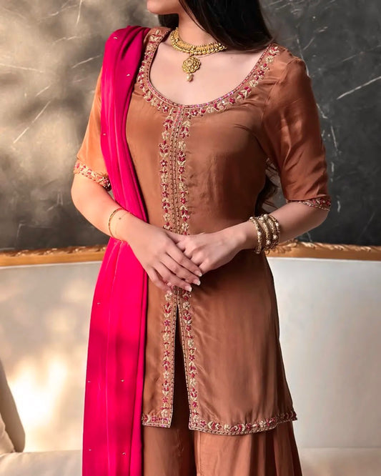Natural Crepe Silk Embroidered Sharara Palazzo Set with Dupatta