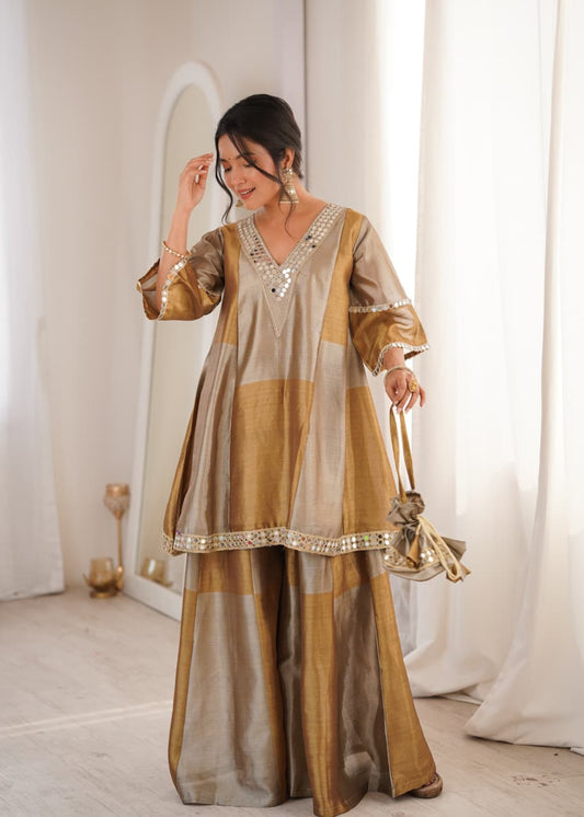 Designer Top Bottom Set with Batwa for Women – Tissue Fabric Mirror Work Ethnic Fusion Outfit