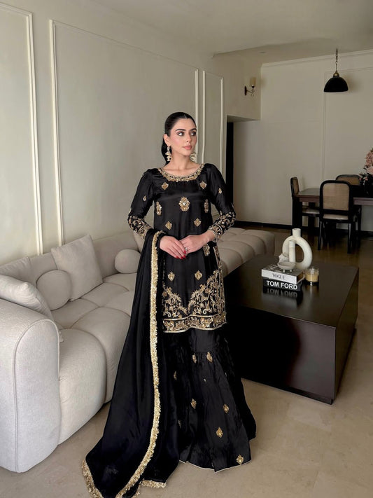 Designer Kurti Sharara Set with Dupatta – Chinon Silk Embroidered Party & Festive Wear Suit for Women