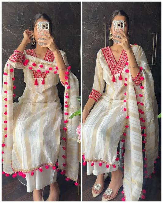 Designer Banarasi Silk Kurti Palazzo Set with Dupatta – Mirror Work Festive & Party Wear Suit for Women