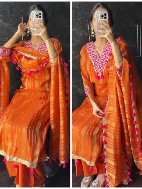 Designer Banarasi Silk Kurti Palazzo Set with Dupatta – Mirror Work Festive & Party Wear Suit for Women