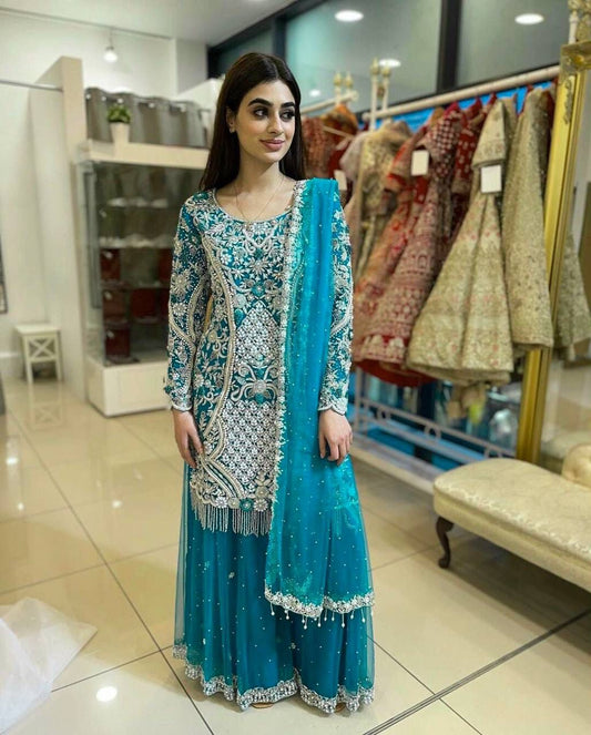 Designer Kurti Palazzo Set with Dupatta – Stone & Embroidery Work