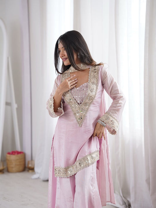 Designer Kurti Palazzo Set with Dupatta – Mirror Work & Embroidery