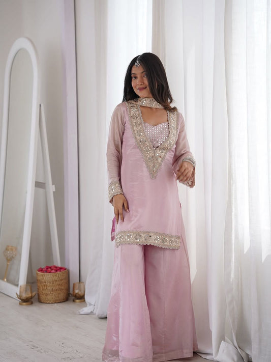 Designer Kurti Palazzo Set with Dupatta – Mirror Work & Embroidery