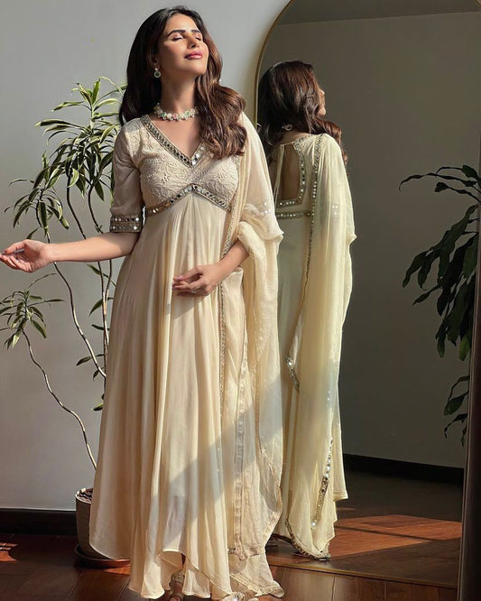 Designer Anarkali Gown with Dupatta – 8 Meter Flair, 58” Length Mirror Work