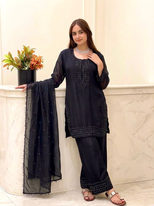 Designer Kurti Palazzo Set with Dupatta – Beads & Moti Embroidery