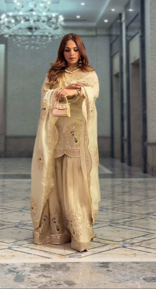 Designer Chinnon Palazzo Set with Dupatta – Coding Dori & Sequins Work