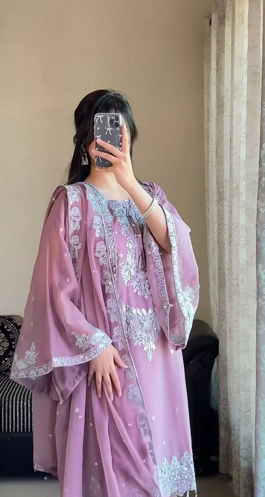 Designer Bell Sleeve Kurti Palazzo Set with Dupatta – Embroidery Work
